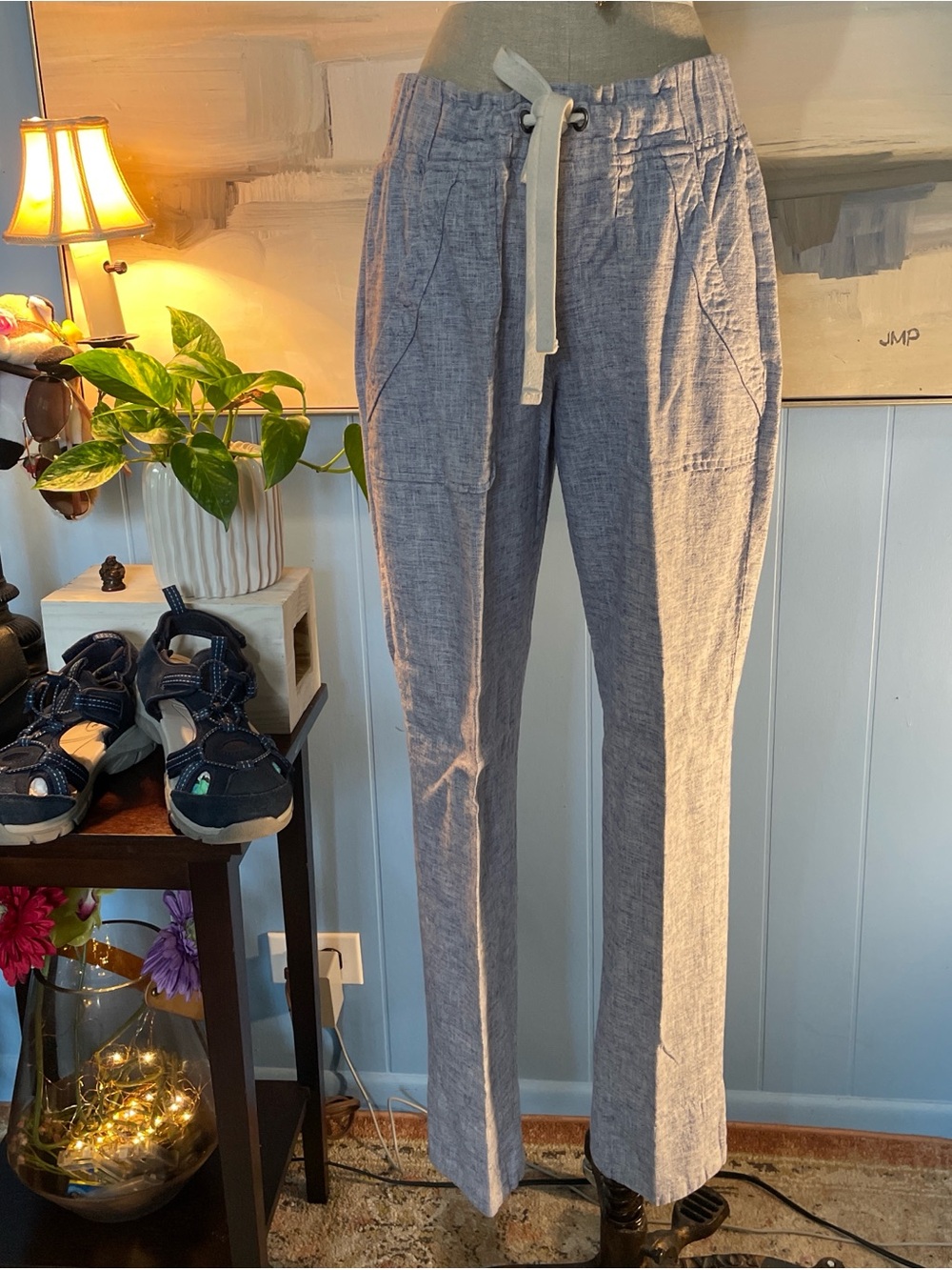 Calvin Klein Light Blue Linen-Blend Drawstring Trousers